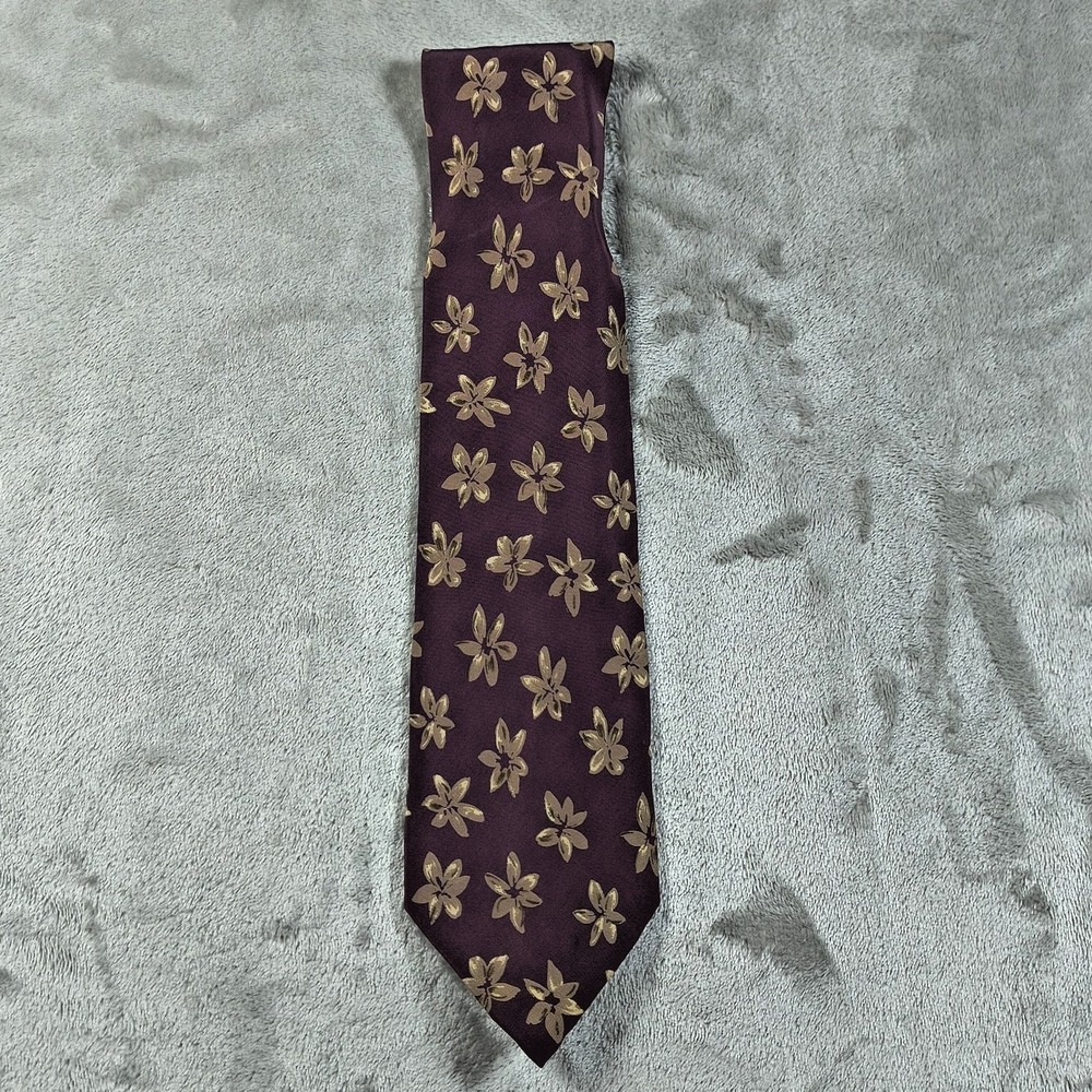Vintage Valentino Tie Mens 57.5x3.5 Floral Flowers Burgundy Silk Italy Handmade